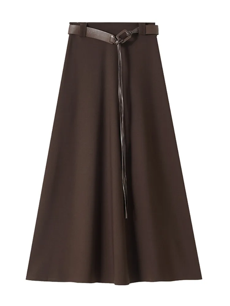 Ele Coffee Brown A-Line Midi Skirt Women's Spring Autumn High Waist Drapey Suit Sle Korean Version Commute Skirt