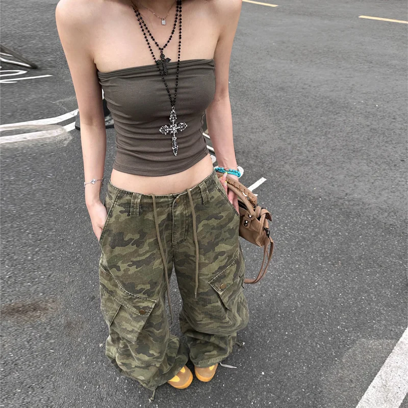 Benuynffy التمويه طباعة الرباط البضائع الدنيم السراويل النسائية الأمريكية الرجعية Y2k الشارع الشهير عادية فضفاض واسعة الساق بنطلون