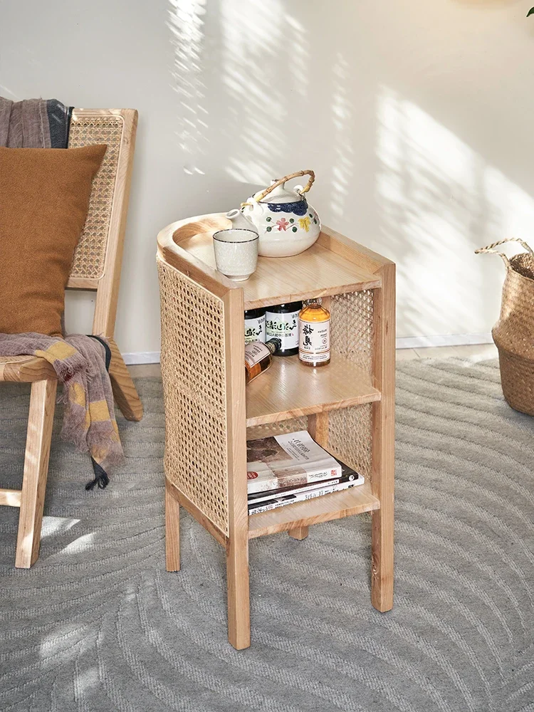 

retro bedside table, narrow solid wood rattan woven bedroom, small-sized side cabinet