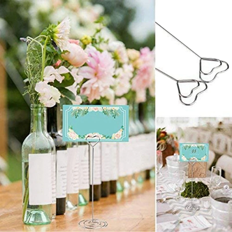 Supporto per carte da 60 pezzi supporto per foto da tavolo a forma di cuore supporto per foto da tavolo in filo metallico clip per Menu per numero di festa nuziale, argento