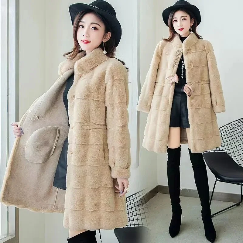 

2023 Fashion Double-faced Fur Winter Faux Mink Fur Coat Women Thicken Jackets Female Parkas Fleece Fur Coat Slim Long Overcoat