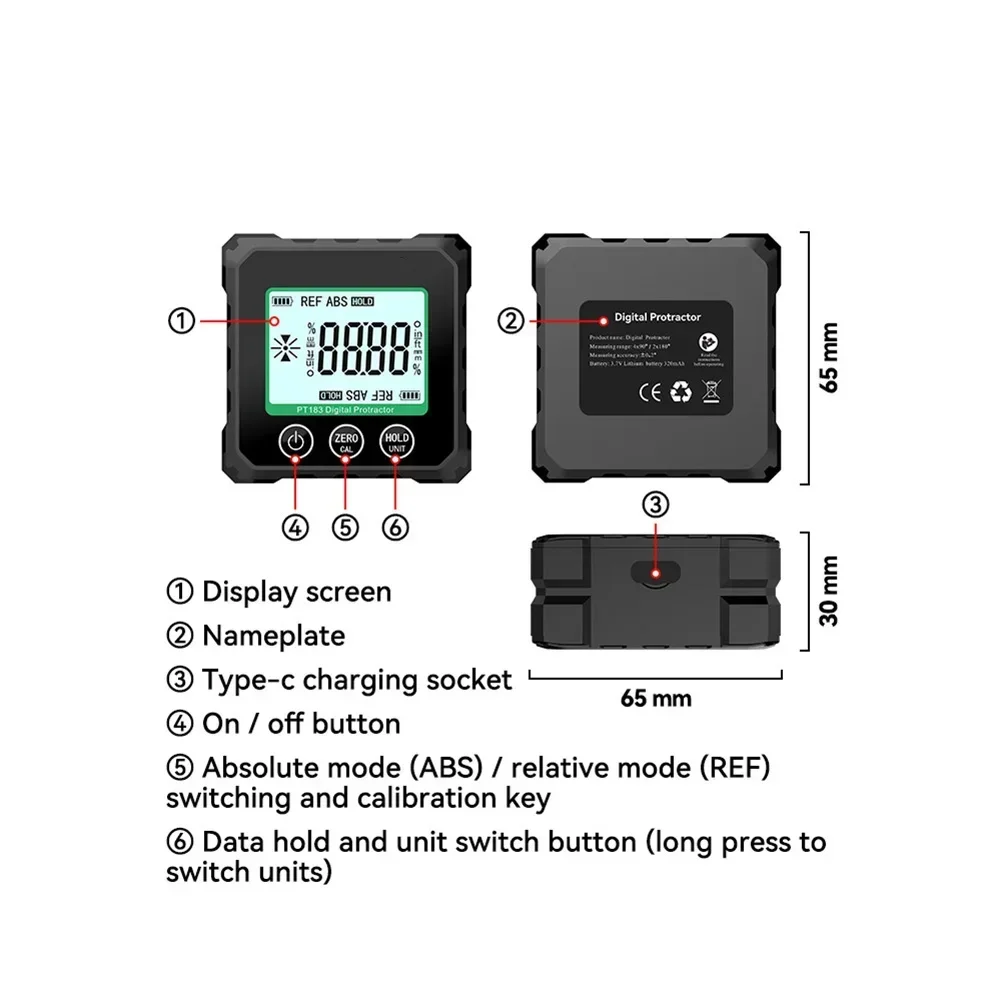 Digital Angle Gauge Magnetic Base with LCD Display and Type C Fast Charging Inclinometer for Precise Angle Use