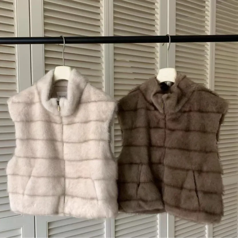 レディースジッパーファーベスト 秋冬 おしゃれ レトロスタイル 暖かいプラッシュ人工毛皮レザーコートトップ 通勤スタイル