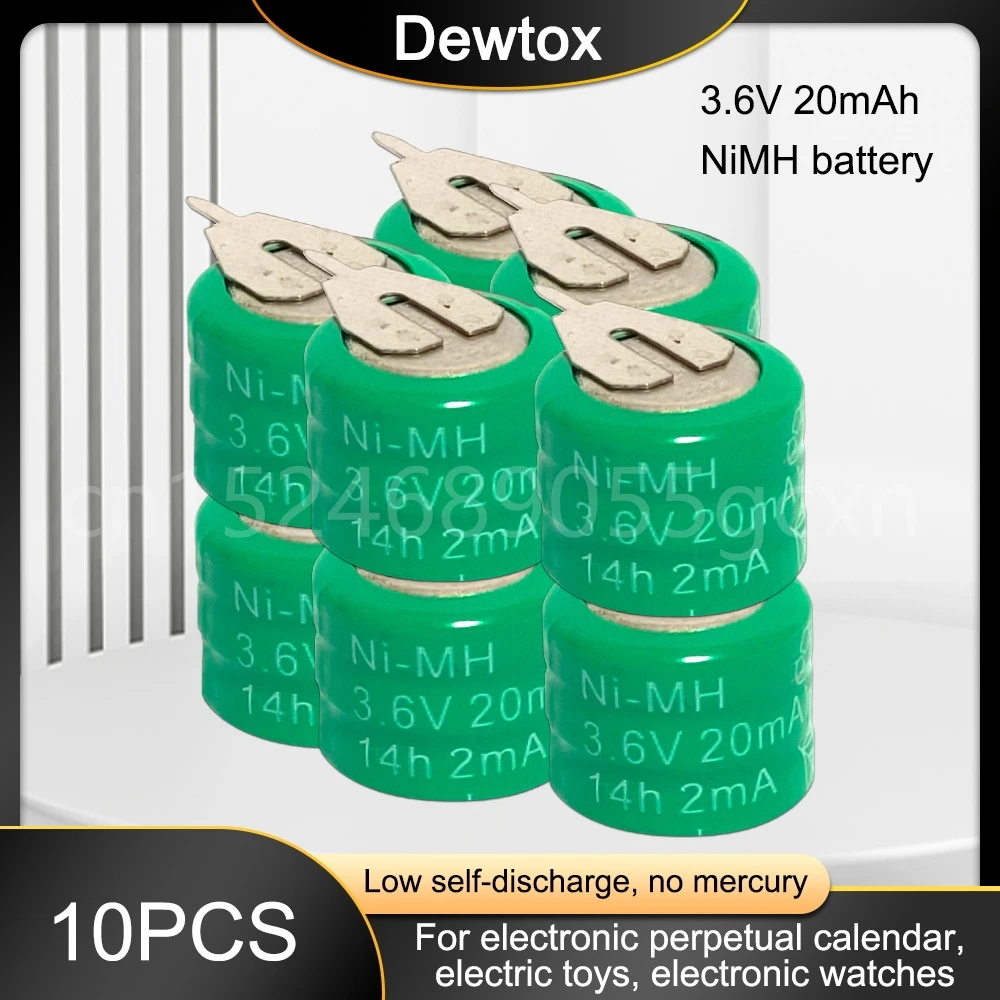10PCS 3.6V 20mAh Ni-MH Ni MH Rechargeable Battery with Solder Pins for Solar Clock Water Heater Flashlight PLC Button Coin Cell