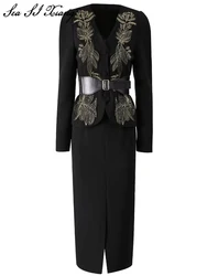 Seasixiang Fashion Designer Autumn Suit Women V-Neck Embroidery Appliques Jacket + Slit Pencil Skirt Office Lady Two Piece Set