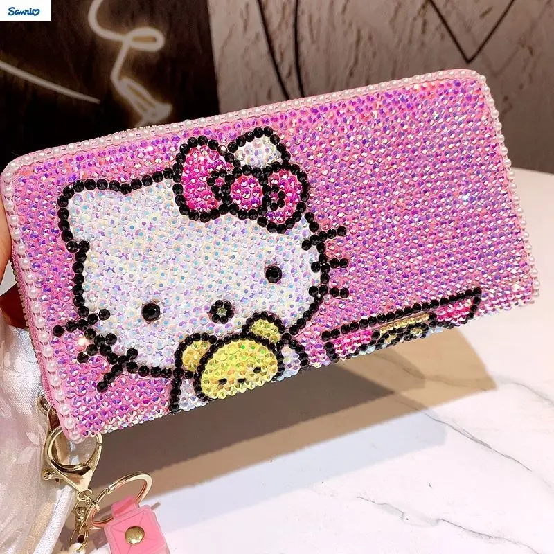 Sanrio Fashion Diamond Set Cartoon Hello Kitty Phone Bag for Women with Diamond Personalized Long Change Storage Wallet