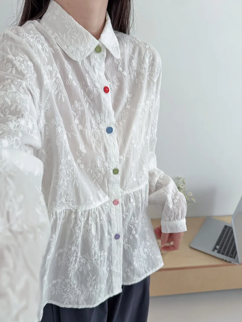 جديد 2025 الخريف قميص قطني بكم طويل ، المرأة بدوره إلى أسفل طوق التطريز ، موري فتاة أزرار ملونة بلوزة فضفاضة T5O591CC #6