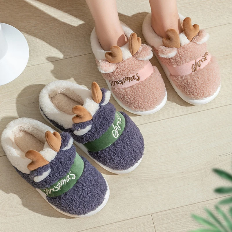 

House Fuzzy Slipper Women Christmas Elk Platform Fluffy Winter Warm Fur Plush Indoor Female Furry Home Shoe Flat Ladies Male Men