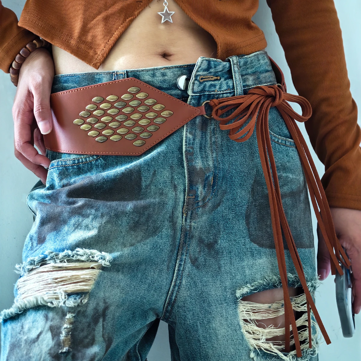 عقدة الخصر حبل موضة الجلود حبل حزام عريض للنساء حجم كبير راعية البقر الغربية كاوبوي الخصر سلسلة ل معطف على شكل ثوب الجينز