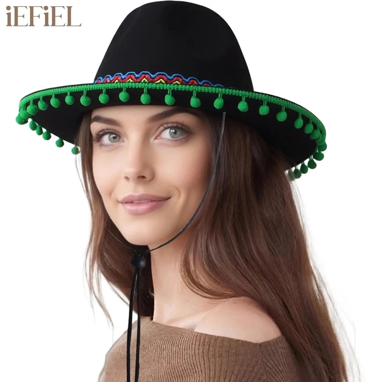 

Summer Mexican Hat Wide Brim Felt Hat Metallic Woven Belt Embellish Drawstring Hat Women Men Outdoor Sun Hat Sombrero Halloween