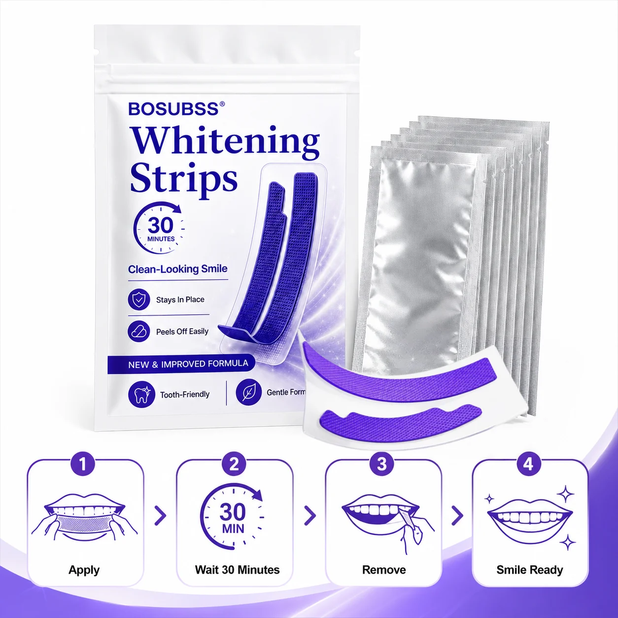 2 Pairs Purple Teeth Strips, Smile Care Oral Beauty Stickers, Easy Home Use Gentle Fit Daily Smile Routine view 2