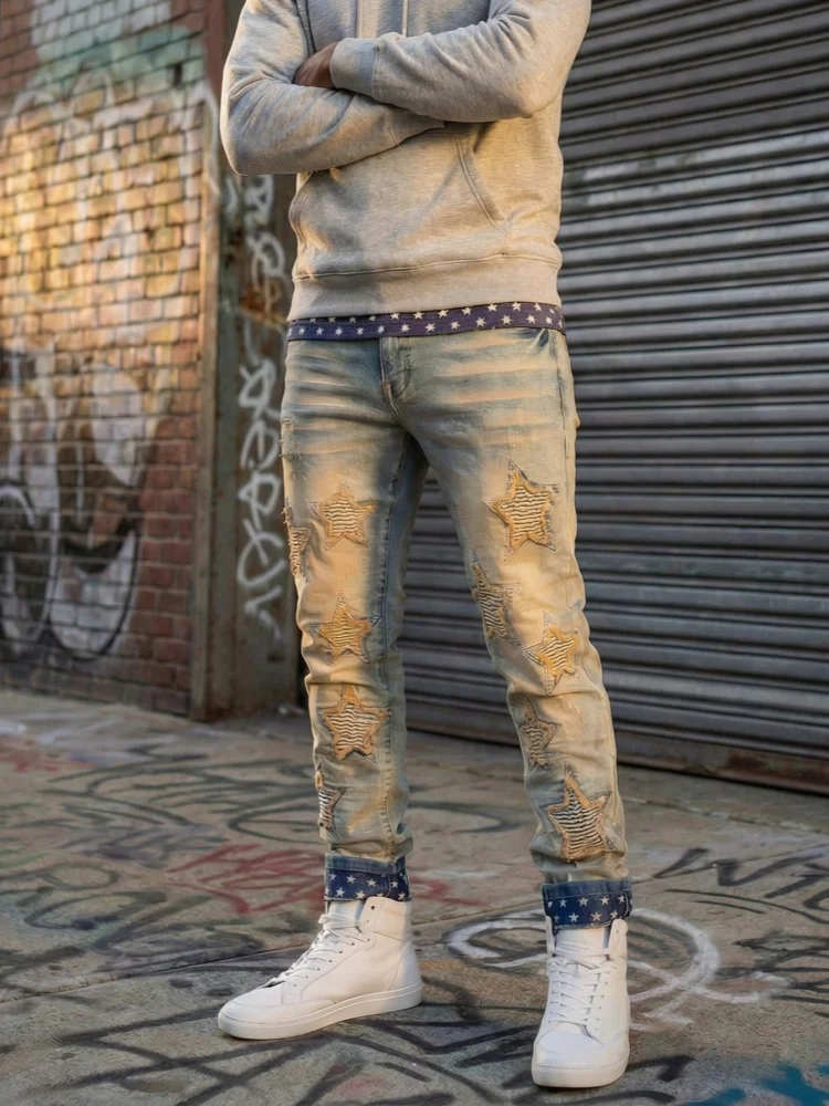 

2026 Cyber Y2K Streetwear Star Embroidery Vintage Blue Slim Jeans Pants For Men Clothing Straight Denim Trousers Pantalon Hombre