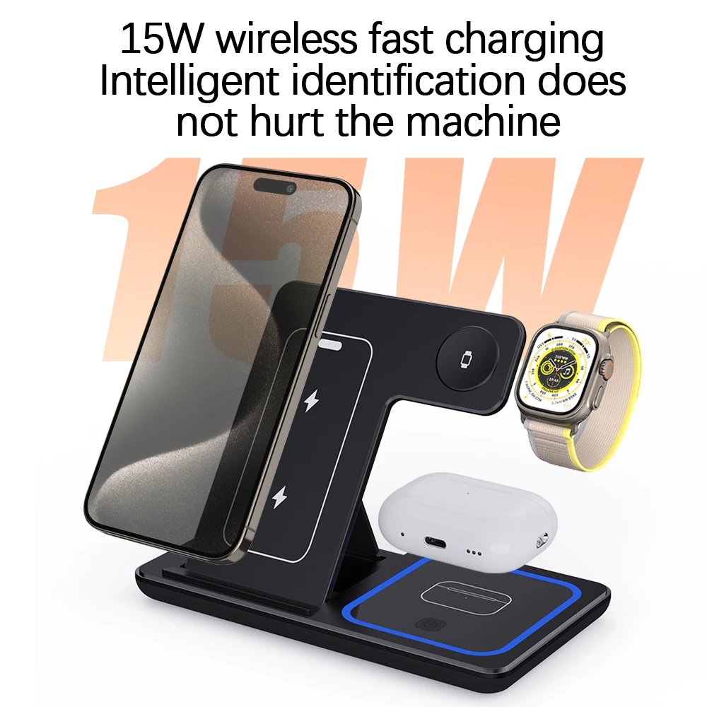 Magnetic Wireless Charger Stand for iPhone 15 14 13 12 Pro Max Apple Watch 8 7 Airpods Pro 3 In 1 Fast Phone Charging Sation