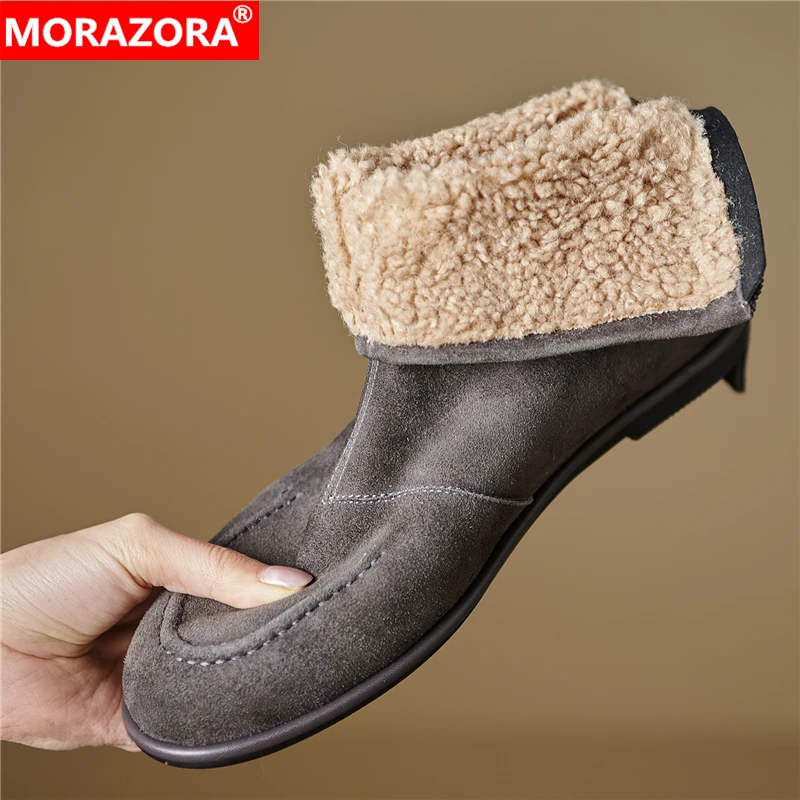 

MORAZORA 2026 New Winter Boots Women Zipper Flat Ankle Boots Suede Leather Thick Fur Warm Fashion Short Boots Casual Shoes