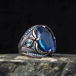 Vintage Oval Inlaid Blue Zircon Stones Men Rings Retro Silver Color Metal Carving Punk Rings Jewelry