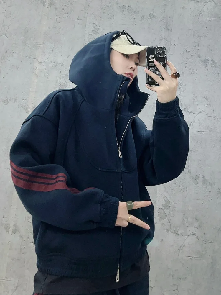 

Толстовка-худи из плотного трикотажа 550 г/м² с широким кроем, полосатыми вставками и пэчворком, повседневная, с длинными рукавами, на молнии, хлопок...