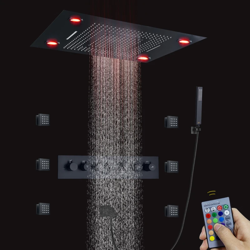 800*600MM Black Shower Head LED Bathroom Thermostatic Multifunction  System With  Body Jets