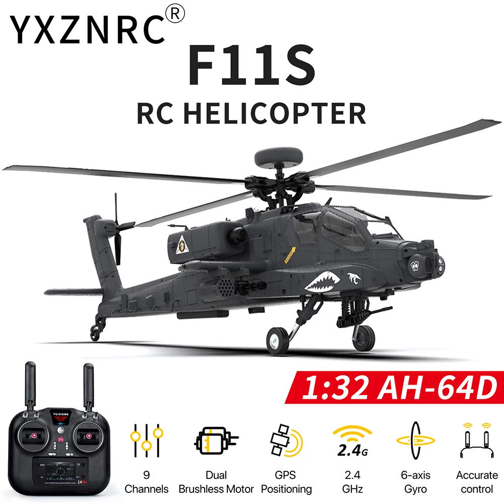 

​ YXZNRC F11S RC Вертолет 1:32 AH-64D Apache 2.4G 6-осевой гироскоп 9-канальный GPS Оптическое позиционирование потока 5,8G FPV камера Flybarless RTF