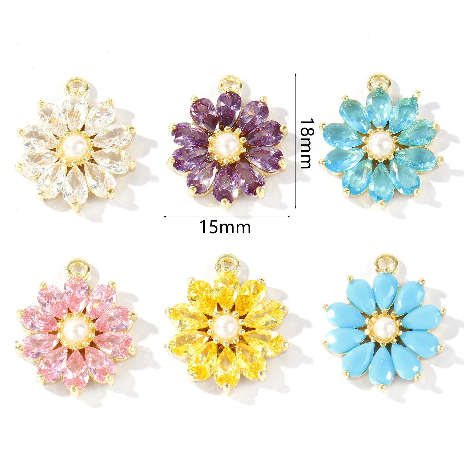 1pc Brass Charms 18K Gold Plated Flower Acrylic Imitation Pearl Multicolour Cubic Zirconia Pendant DIY Necklace Jewelry 18x15mm