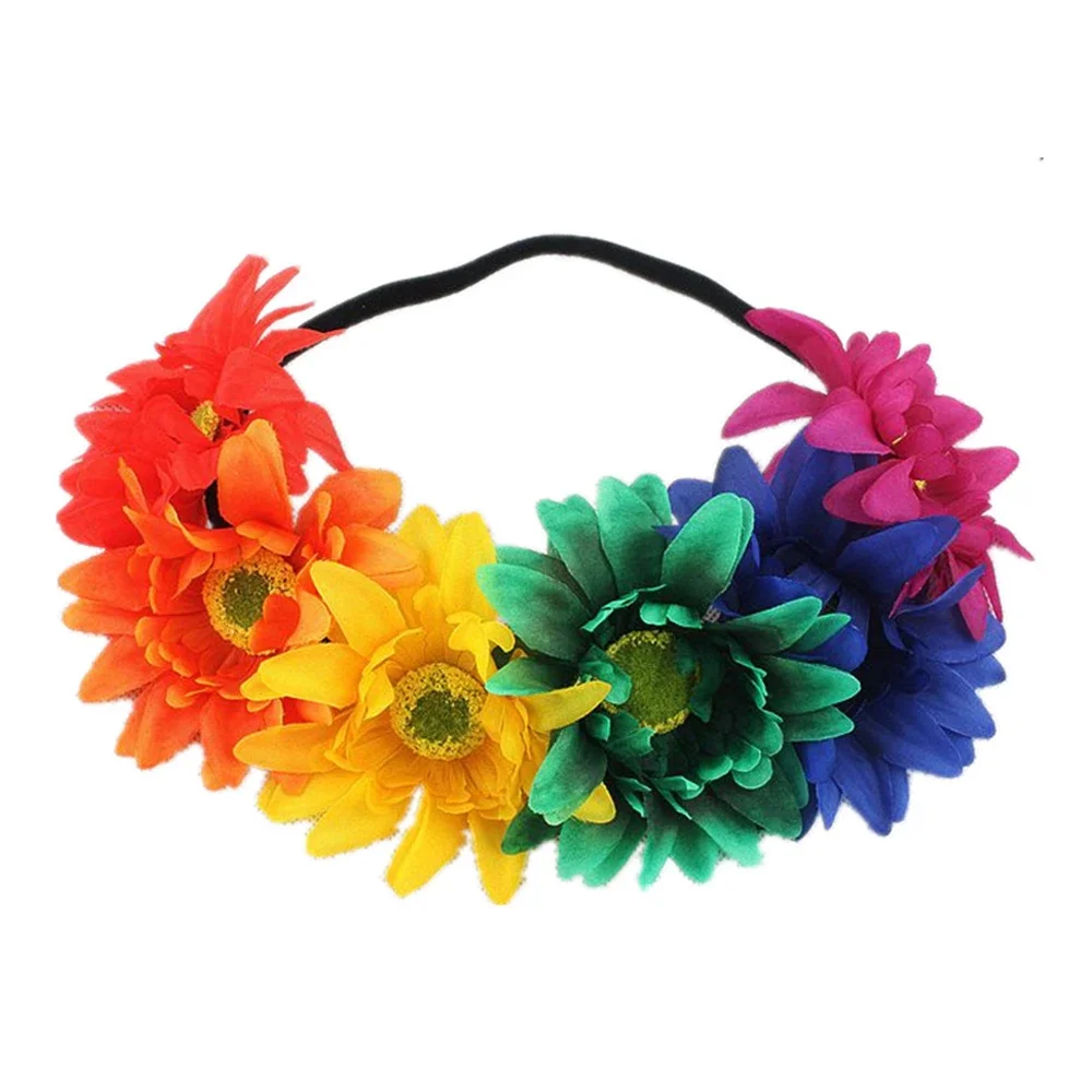 Strand Sonnenblume elastisches Haarband Böhmen Mode Haarband handgemachte Kunstblume Frauen Kranz Regenbogen Farbe romantisches Stirnband – Detail 6