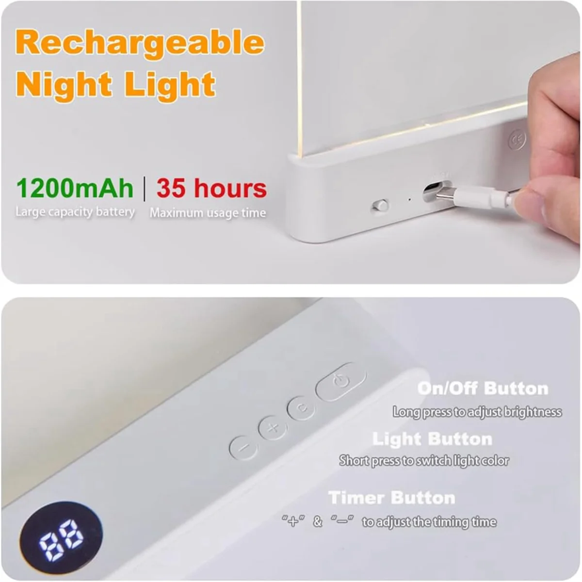 ضوء كتاب AA98، ضوء قراءة مسطح LED شفاف قابل لإعادة الشحن مع 3 ألوان ومؤقت، لوحة مصباح كتاب كامل الصفحة باللون الأسود