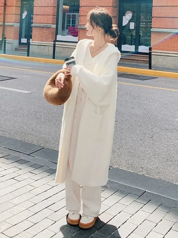 Faux Mink Coat Hooded Knit Cardigan Women\'s Mid-Length Autumn and Winter 2024 New Lazy Wind Sweater Coat  Sweaters for Women