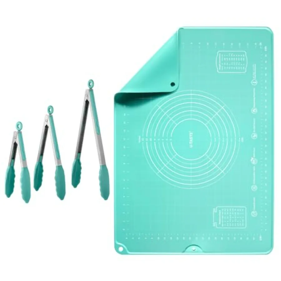 

600 ℉ Термостойкие пищевые антипригарные твердые щипцы для приготовления пищи, набор из 3 штук (Aqua Sky), и большой силиконовый коврик для кондитерских изделий 20 x 28 дюймов Food-Gr