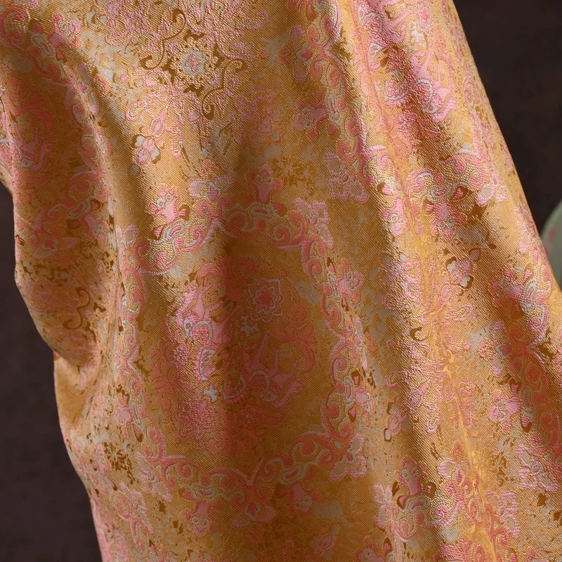 Jacquard Fabric Gold Pink Scrolling Vine Horse Cloud Embossed Chinese Style for Qipao Vest Hanfu Designer DIY Accessories