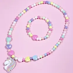 2pcs Colorful Cartoon Unicorn Flower Animal Child Sweater Necklace Bracelet Girl's Gifts Children's Jewelry Kids Toys
