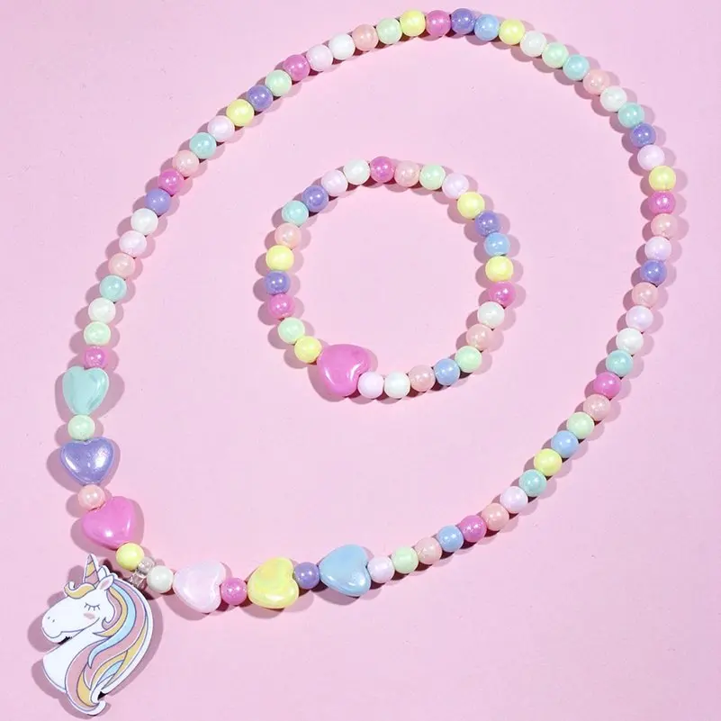 2pcs Colorful Cartoon Unicorn Flower Animal Child Sweater Necklace Bracelet Girl's Gifts Children's Jewelry Kids Toys