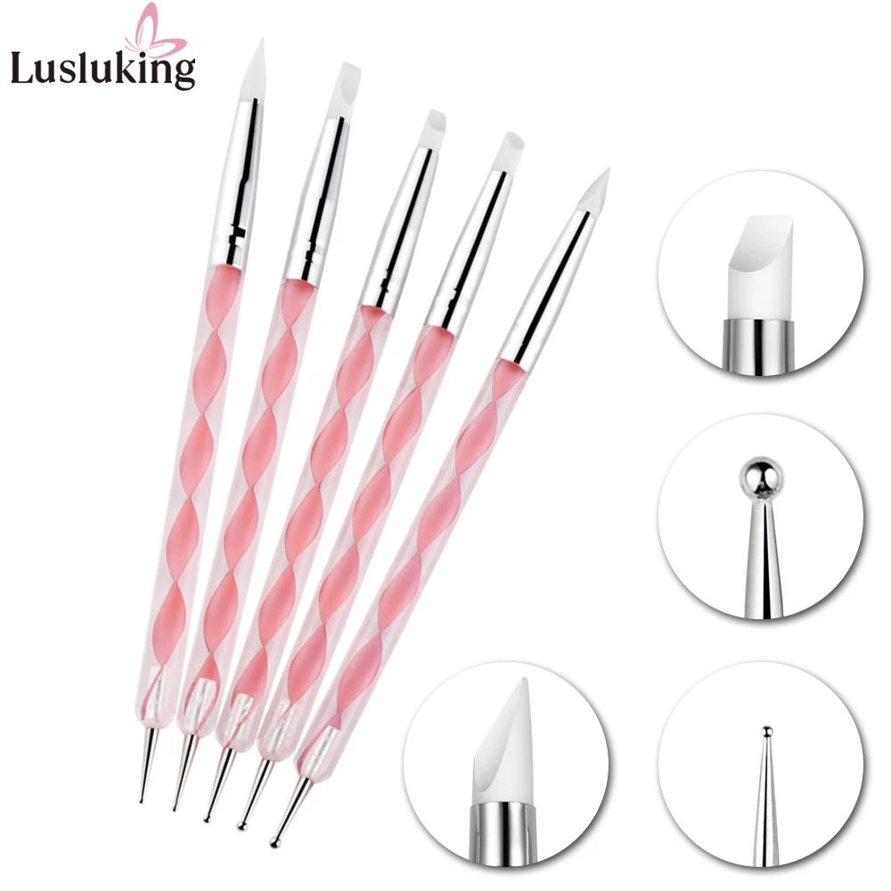 

5Pcs Dual-Ended Acrylic Silicone Tip Flower Nail Pen Set Stainless Steel Dotting Tools for 3D Nail Art Sculpture Painting