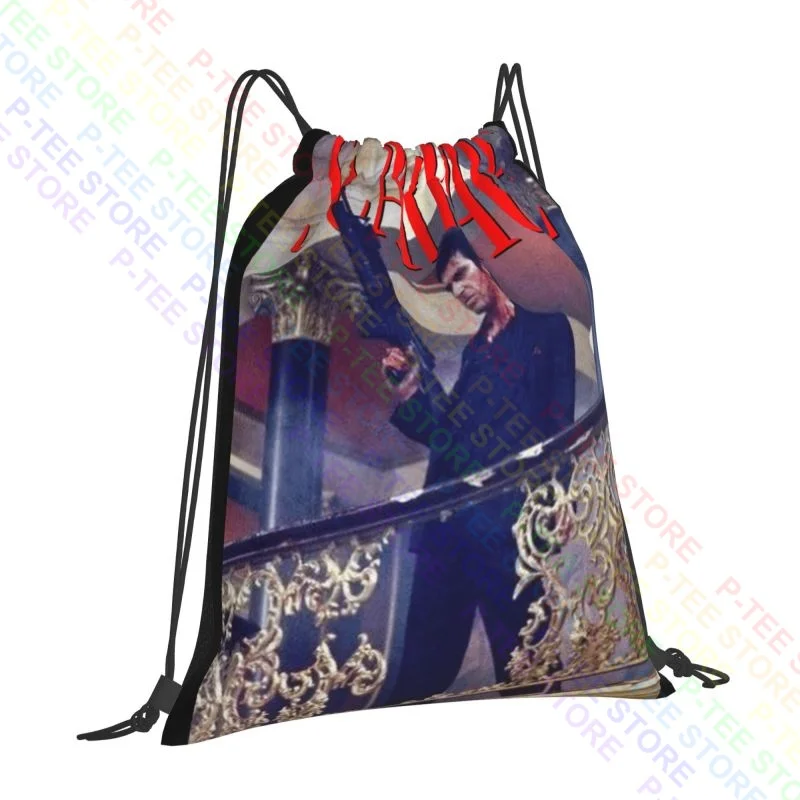 Scarface Tony Montana Balcony Railing Shot Big Gun Pacino Gangster Drawstring Bags Gym Bag Portable Beach Bag