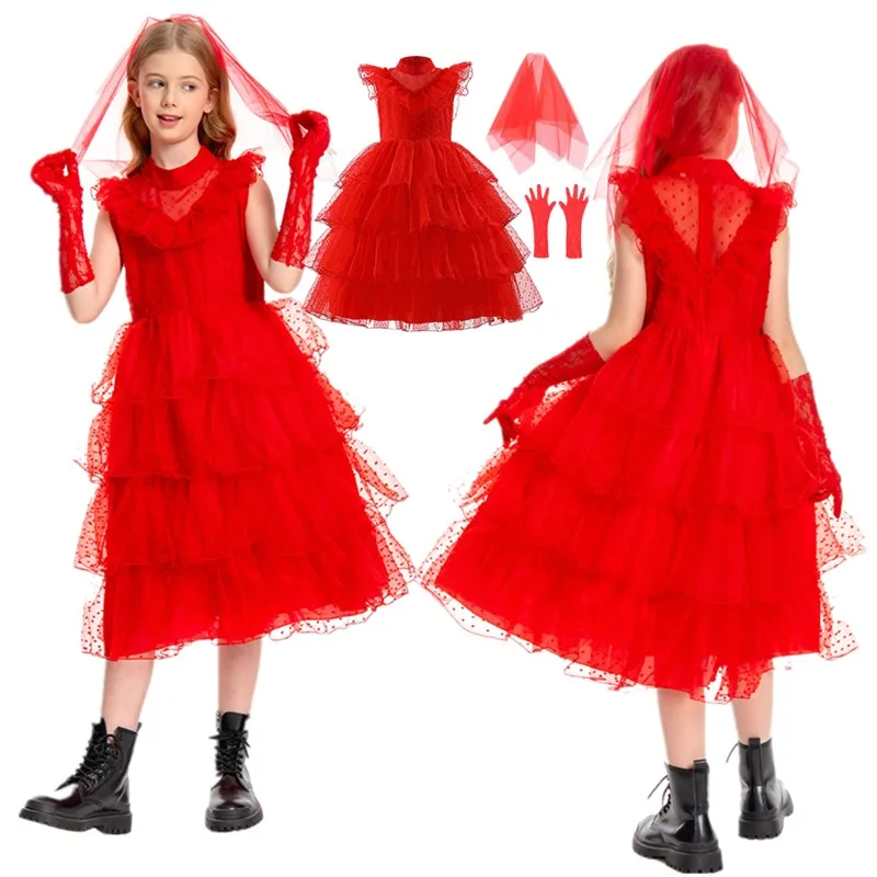 Disfraz de Cosplay de Fantasia Lydia para niños, disfraz de jugos para niñas, vestido de novia rojo, velo, guantes, trajes, traje de fiesta de Carnaval de Halloween