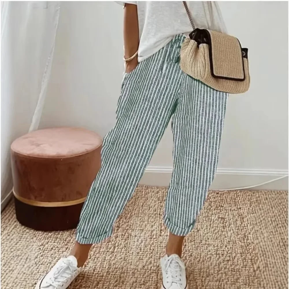 Women Striped Print Pocket Loose Pants, Elastic Waist Breathable Comfy Flattering Casual Daily Streetwear Chic Ladies Trousers