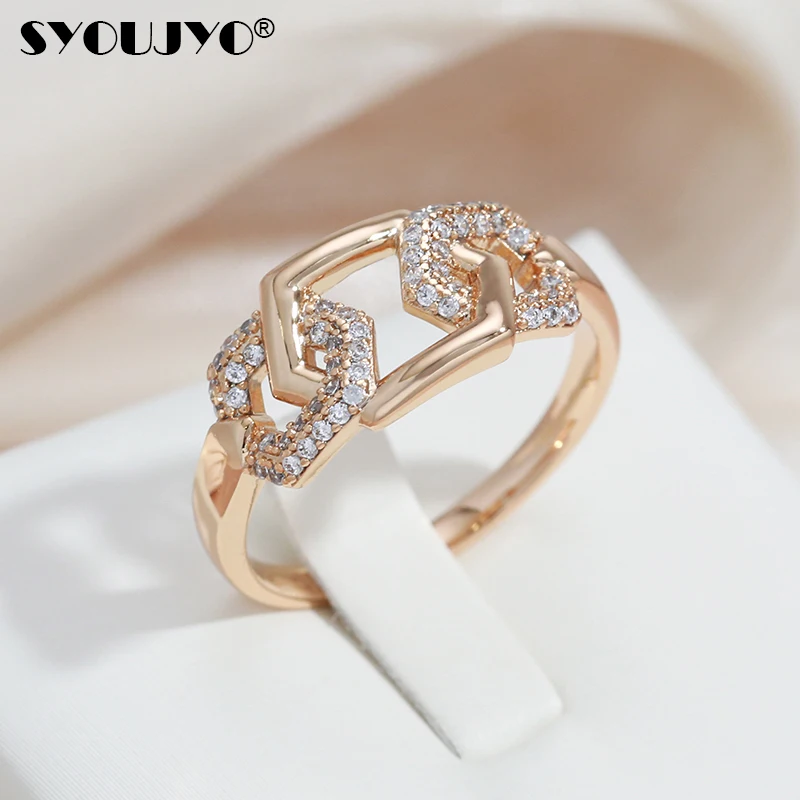 SYOUJYO Geometric Hexagon Trendy Rings For Women 585 Rose Gold Color Luxury Jewelry Natural Zircon Hollow Rings Anniversary Gift