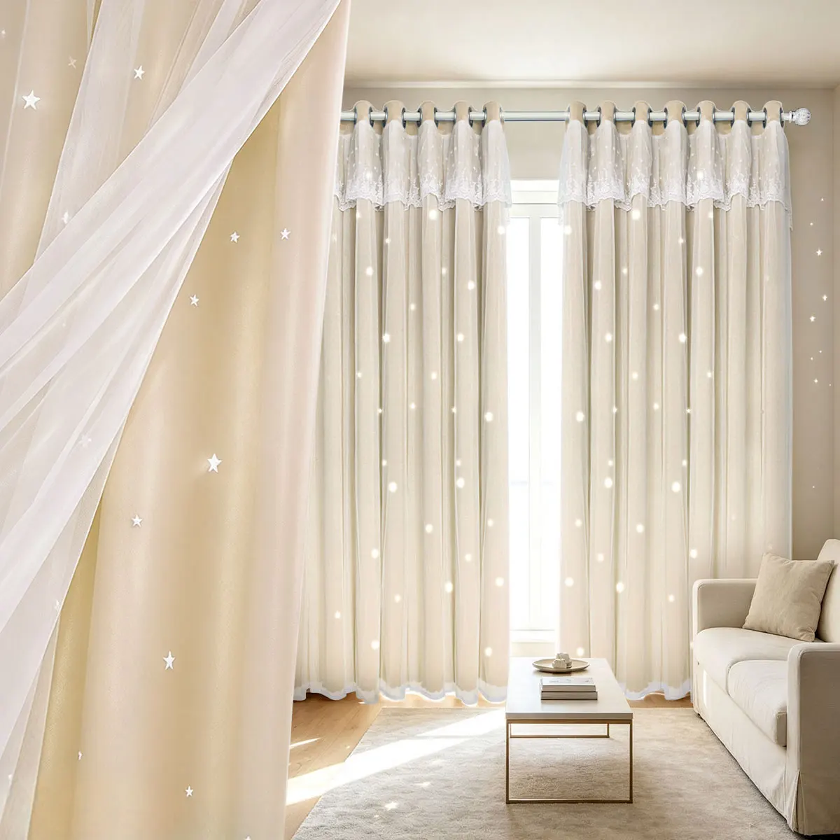 2Pcs Off White Double Layer Star Hollow Grommet Curtains, Lace Sheer Drape, Gentle Floor Window Curtain For Bedroom