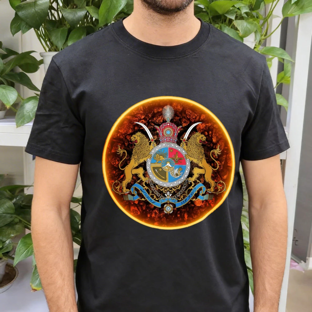 Opulent Persian Imperial with Golden Lions Crown and Fiery Lava Heritage The Coat of Arms and Two Lions on A Background T-shirts