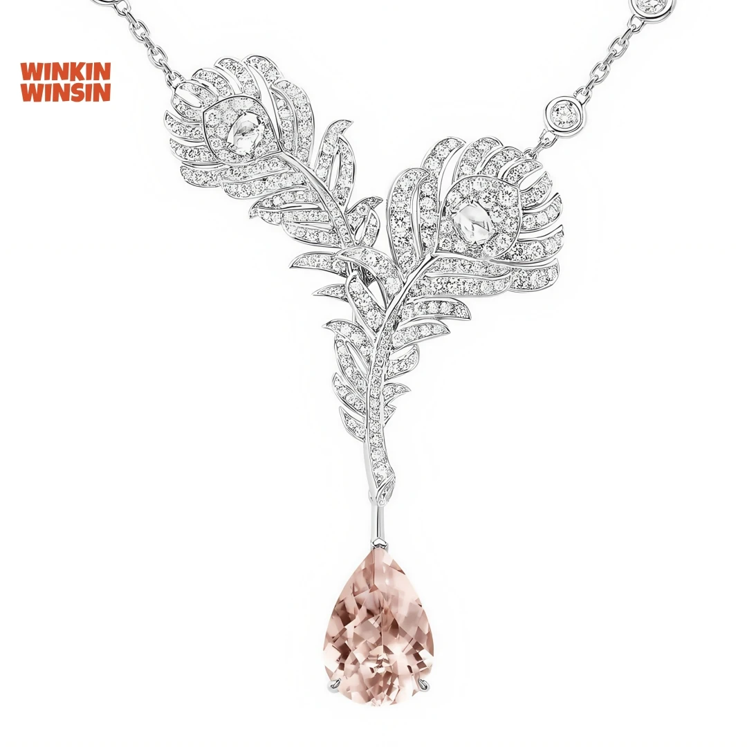 

WINKIN WINSIN брендовые женские ожерелья из стерлингового серебра 925 пробы, подвески, высокоуглеродистые бриллианты, драгоценные камни, ожерелье с перьями, кулон, ювелирные изделия