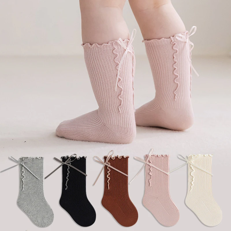 Ruffle Bow Baby Girls Socks Soft Ribbed Cotton Child Girls Socks Wavy Lace Loose Cuff  Toddler Princess Socks For Girls