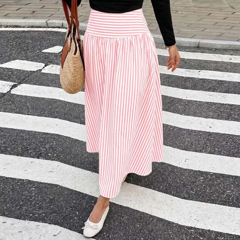 2026 New Office Lady Striped Women Skirt High Waist Elastic Waist A-LINE Skirt Women Skirts for Women Faldas Skirts Q7207