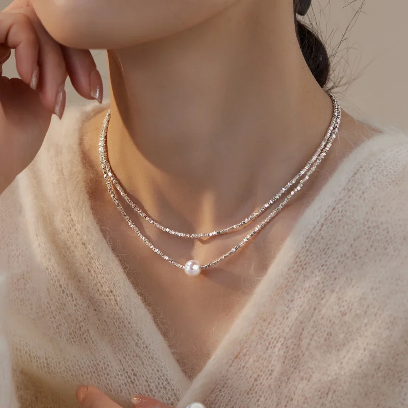 ALLNEWME French Silver Plated Copper Shiny Silver Water Wave Chain Freshwater Pearl Pendant Chokers Necklaces for Women Female