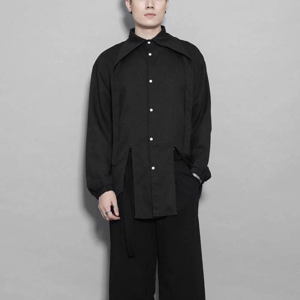 

Mens Autumn Shirt Stitching Slit Asymmetrical Casual Shirt Streetwear Fashion Youth Dark Gothic Long-Sleeve Top Men'S Clothing