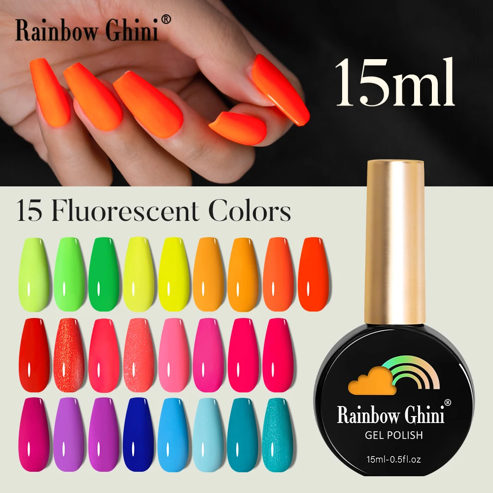 RG Neon UV LED Gel Nail Polish 15ml Semi-Permanent Hybrid Nail Varnish Art Manicure Fluorescent Color Salon Top Coat Gel Polish