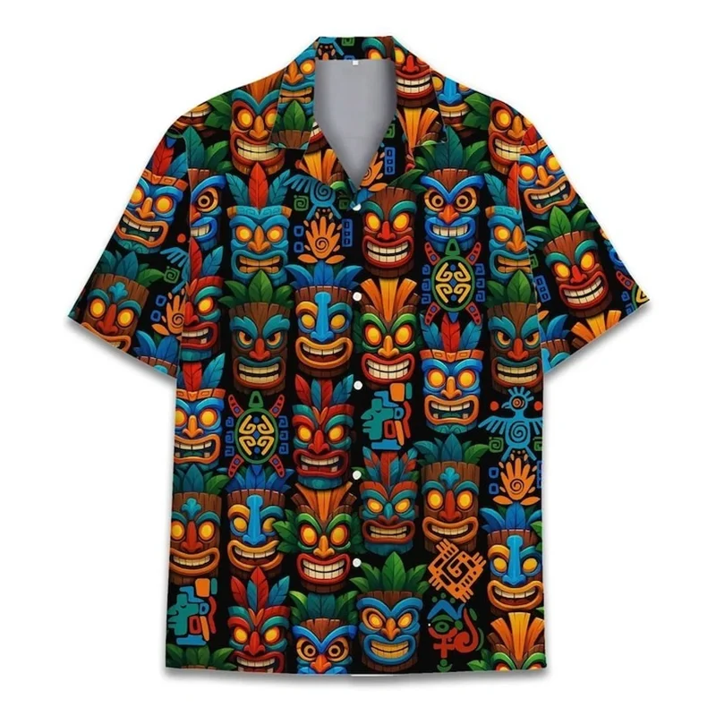 

Tropical Tiki Hawaiian Shirt Man Tiki Mask Summer Aloha Shirt, Barchelory Party Outfit, Men's Tropical Tiki Shirt, Gifts Tops