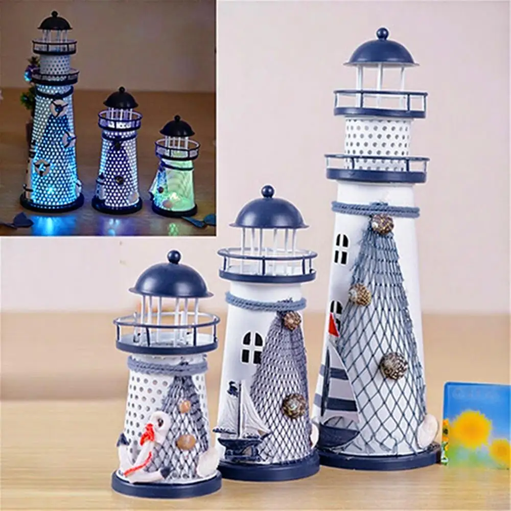 Metal Lighthouse Nautical Ocean Flash Lighthouse Fishing Net Starfish Shell Metal Beacon Tower Marine Iron Handicraft Ornament