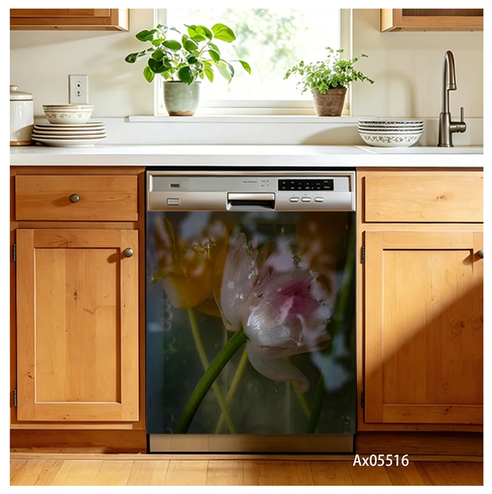 Watercolor Large Peony Mixed Floral Dishwasher Sticker Self Adhesive Cottagecore Light Florist Cabinet Washer Aesthetics Decor