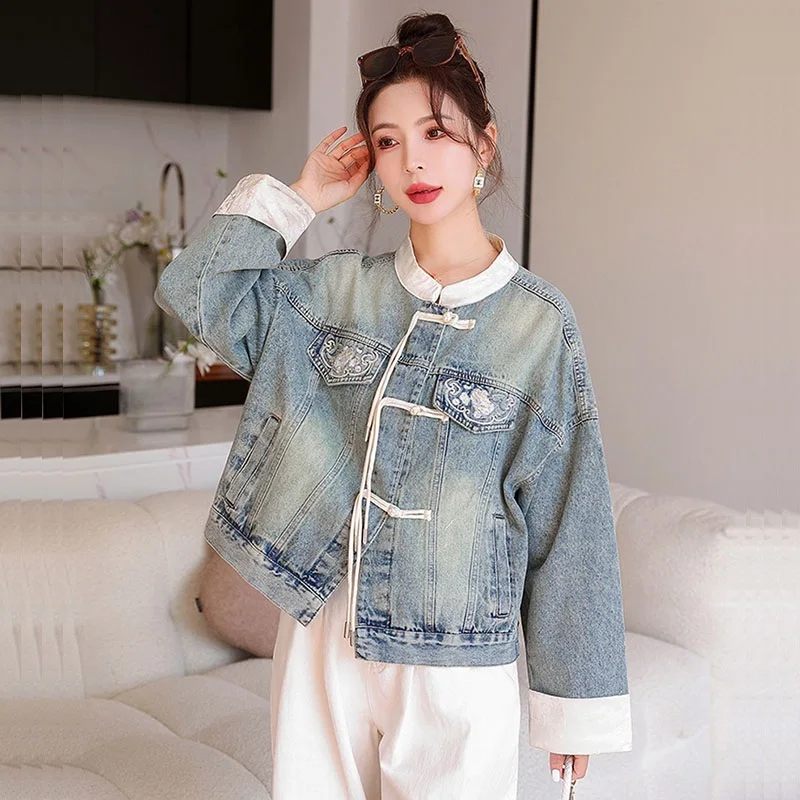 Light Blue Short Denim Coat Vintage Embroidery Spring Women Contrast Color Stand Collar Single-breasted Long Sleeve Jeans Jacket