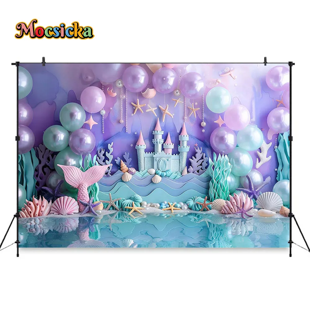 Little Mermaid Princess Girl Birthday Party Background Purple Castle Arch Balloon Wall Backdrop Kids Cake Smash Photo Studio