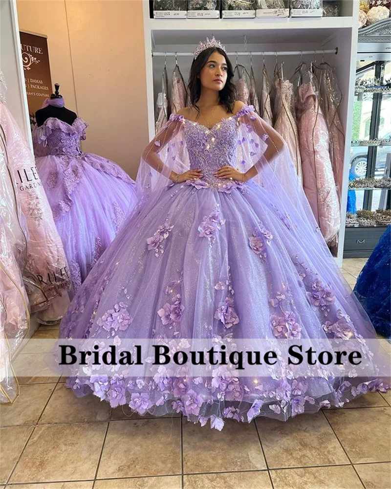 Lavender Flowers Princess Quinceanera Dresses With Detached Cape Beads Crystal Sweet 16 Dress Vestido De 15 Años Customized