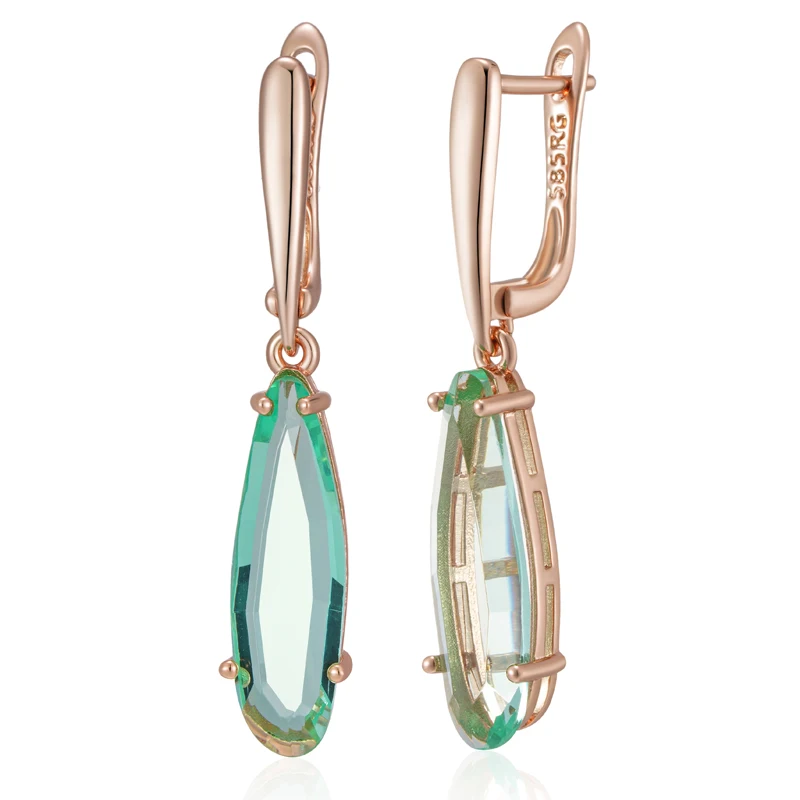Kinel Fashion Unique Green Stone Long Drop Earrings for Women Geometry Natural Zircon 585 Rose Gold Color Daily Vintage Jewelry